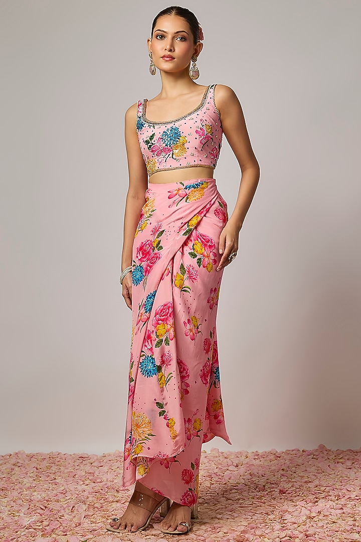 Pink Pure Crepe Floral Printed Draped Skirt Set by Krishna Padia at Pernia's Pop Up Shop