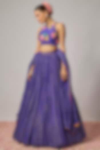 Deep Purple Lurex Georgette Sequin Embroidered Wedding Lehenga Set by Krishna Padia at Pernia's Pop Up Shop