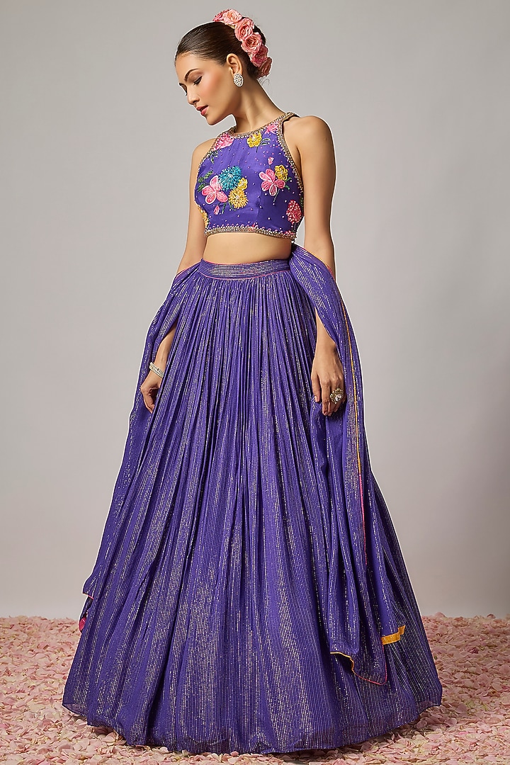 Deep Purple Lurex Georgette Sequin Embroidered Wedding Lehenga Set by Krishna Padia at Pernia's Pop Up Shop