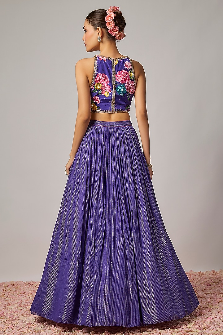 Deep Purple Lurex Georgette Sequin Embroidered Wedding Lehenga Set by Krishna Padia at Pernia's Pop Up Shop