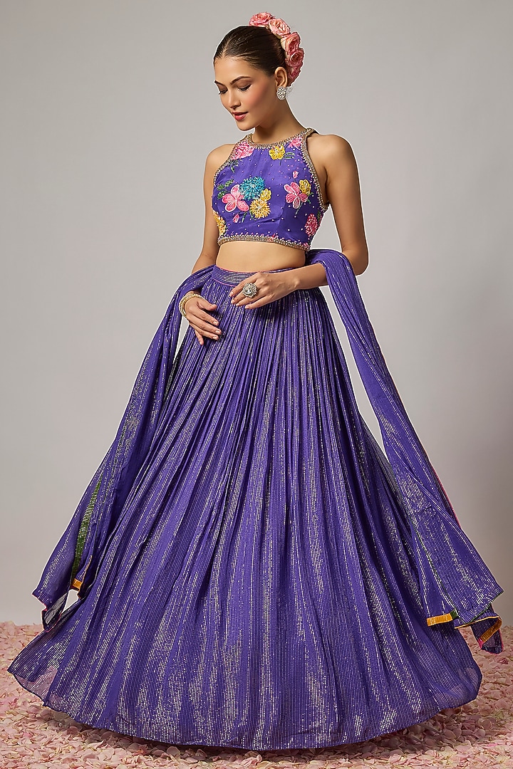 Deep Purple Lurex Georgette Sequin Embroidered Wedding Lehenga Set by Krishna Padia at Pernia's Pop Up Shop