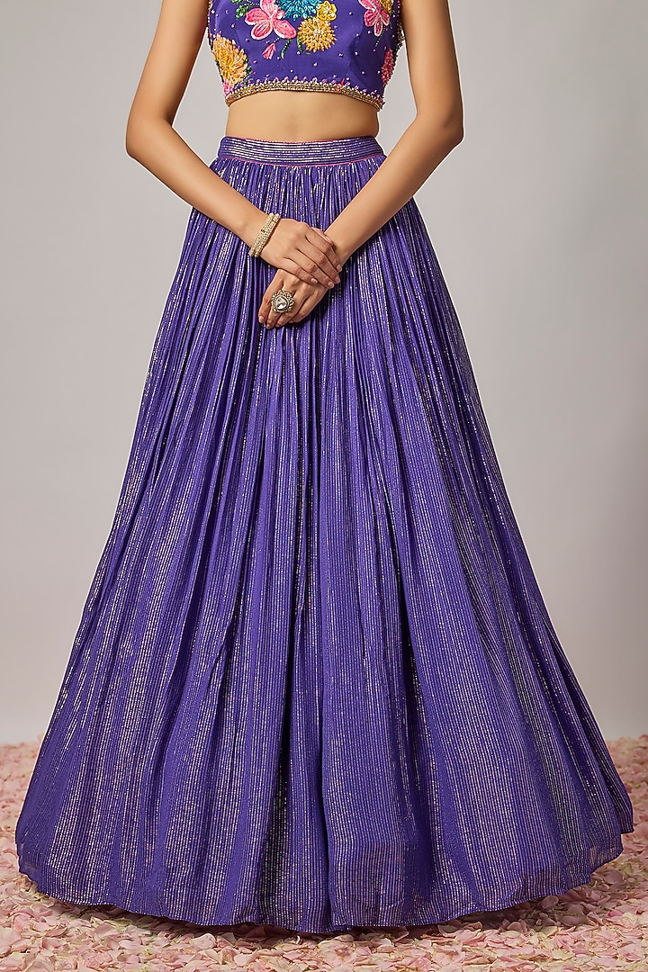 Deep Purple Lurex Georgette Sequin Embroidered Wedding Lehenga Set by Krishna Padia at Pernia's Pop Up Shop