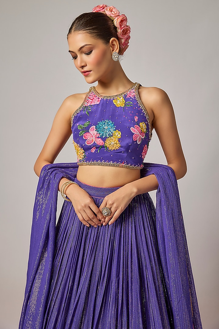 Deep Purple Lurex Georgette Sequin Embroidered Wedding Lehenga Set by Krishna Padia at Pernia's Pop Up Shop