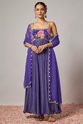 Deep Purple Lurex Georgette Sequin Hand Embroidered Anarkali Set by Krishna Padia