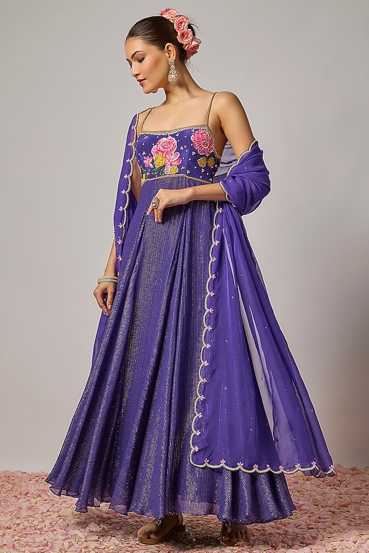Deep Purple Lurex Georgette Sequin Hand Embroidered Wedding Anarkali Set by Krishna Padia at Pernia's Pop Up Shop