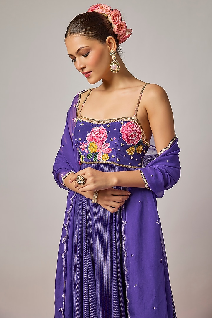 Deep Purple Lurex Georgette Sequin Hand Embroidered Wedding Anarkali Set by Krishna Padia at Pernia's Pop Up Shop