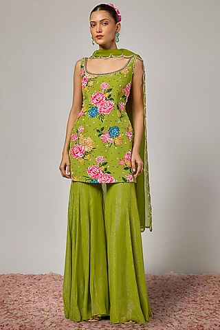 Mehendi Green Lurex Georgette Sharara Set by Krishna Padia