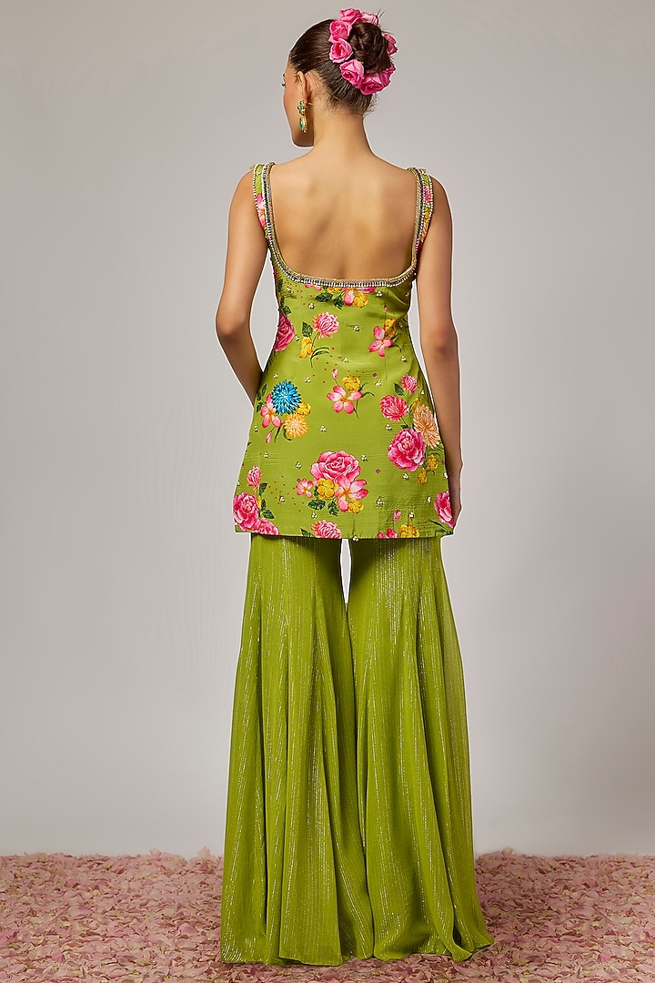 Mehendi Green Lurex Georgette Wedding Sharara Set by Krishna Padia at Pernia's Pop Up Shop