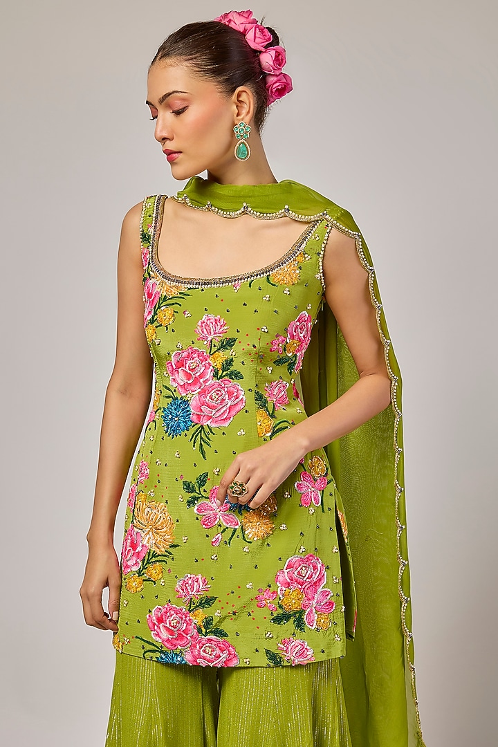 Mehendi Green Lurex Georgette Wedding Sharara Set by Krishna Padia at Pernia's Pop Up Shop