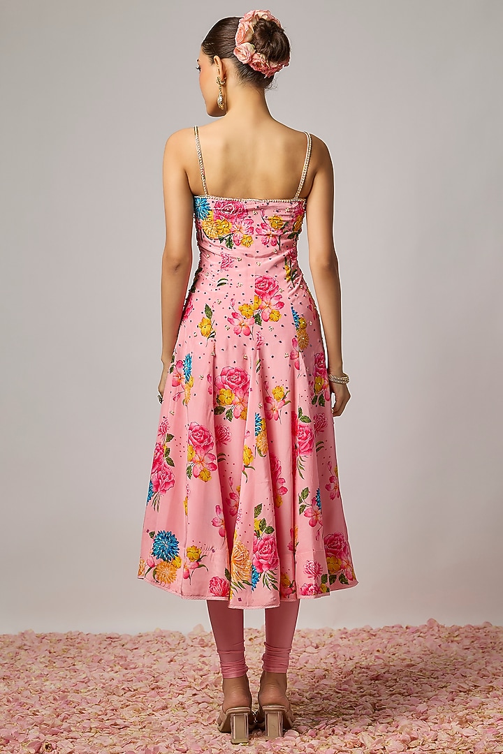 Blush Pink Pure Crepe Floral Embroidered Wedding Anarkali Set by Krishna Padia at Pernia's Pop Up Shop