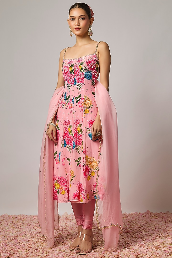 Blush Pink Pure Crepe Floral Embroidered Wedding Anarkali Set by Krishna Padia at Pernia's Pop Up Shop