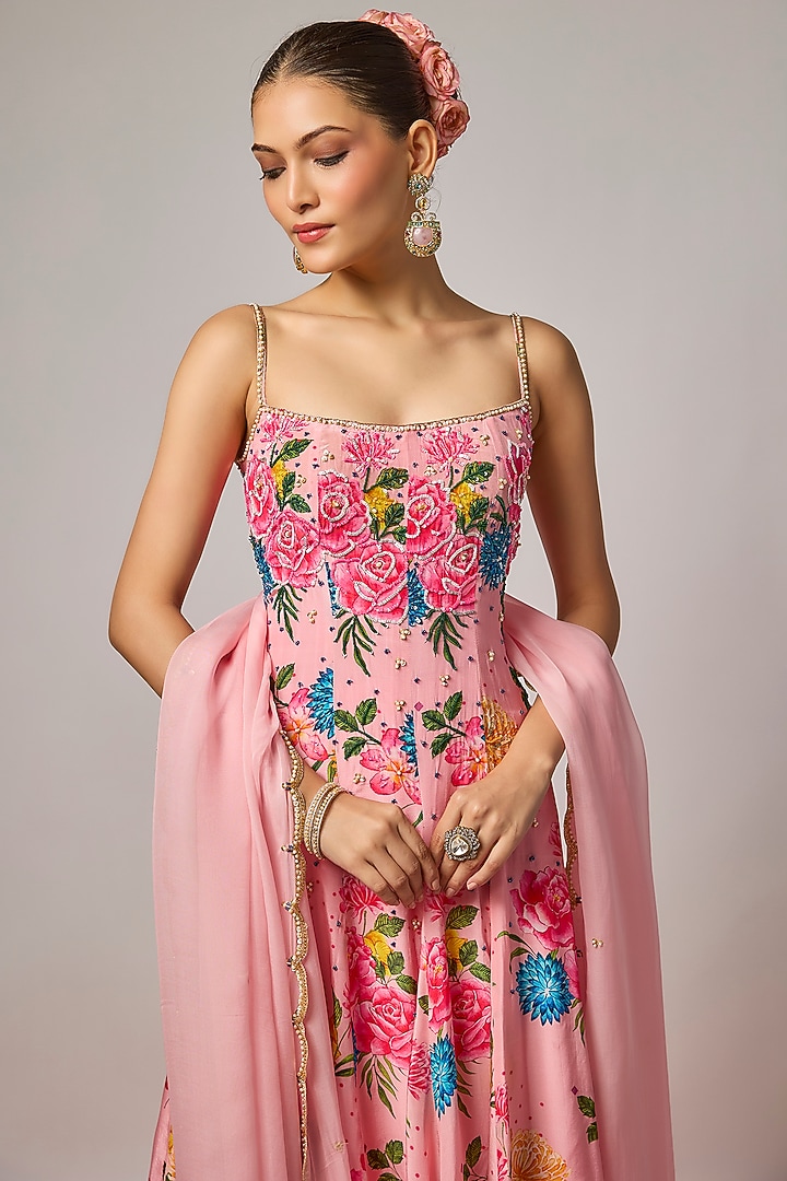 Blush Pink Pure Crepe Floral Embroidered Wedding Anarkali Set by Krishna Padia at Pernia's Pop Up Shop