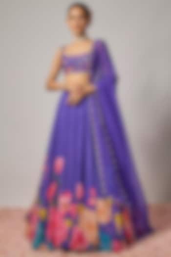 Deep Purple Dola Silk Floral Printed Wedding Lehenga Set by Krishna Padia at Pernia's Pop Up Shop