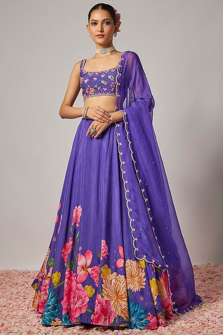 Deep Purple Dola Silk Floral Printed Wedding Lehenga Set by Krishna Padia at Pernia's Pop Up Shop