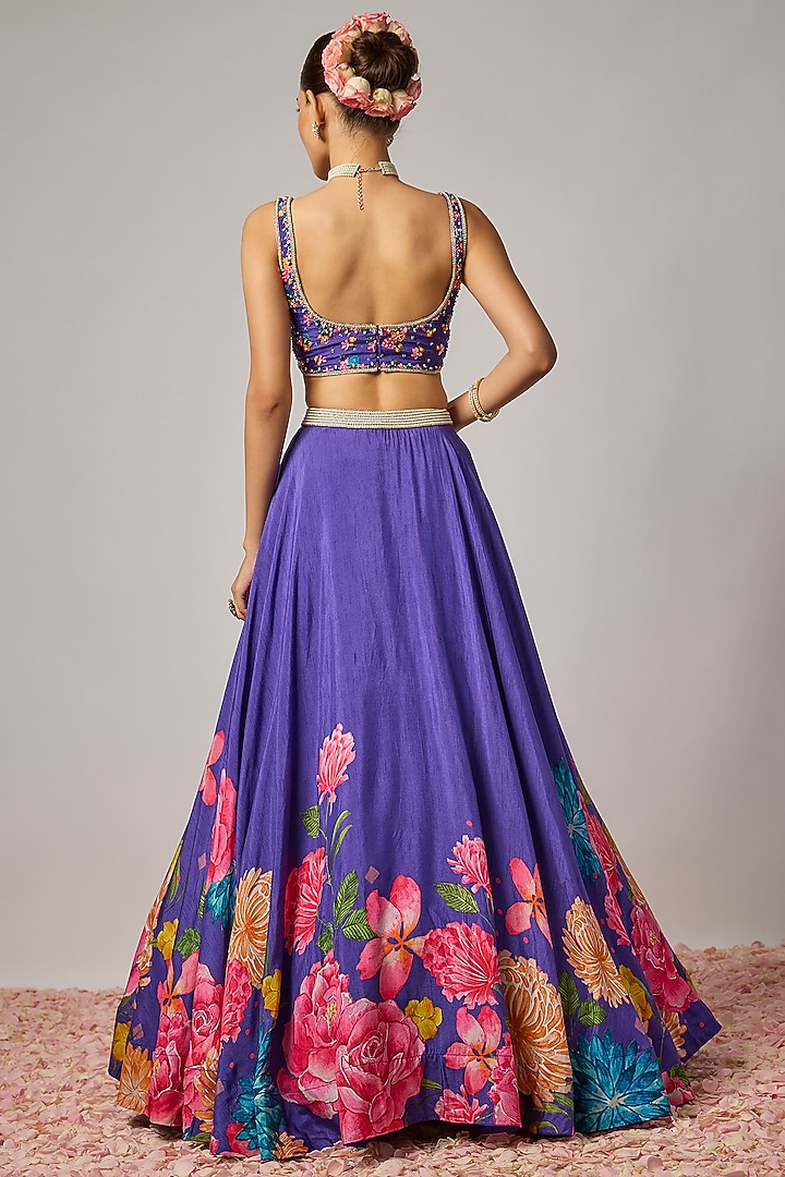 Deep Purple Dola Silk Floral Printed Wedding Lehenga Set by Krishna Padia at Pernia's Pop Up Shop