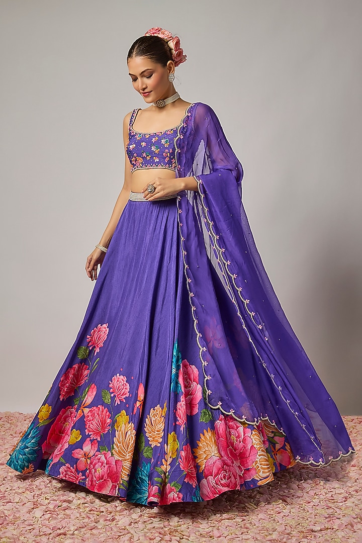 Deep Purple Dola Silk Floral Printed Wedding Lehenga Set by Krishna Padia at Pernia's Pop Up Shop