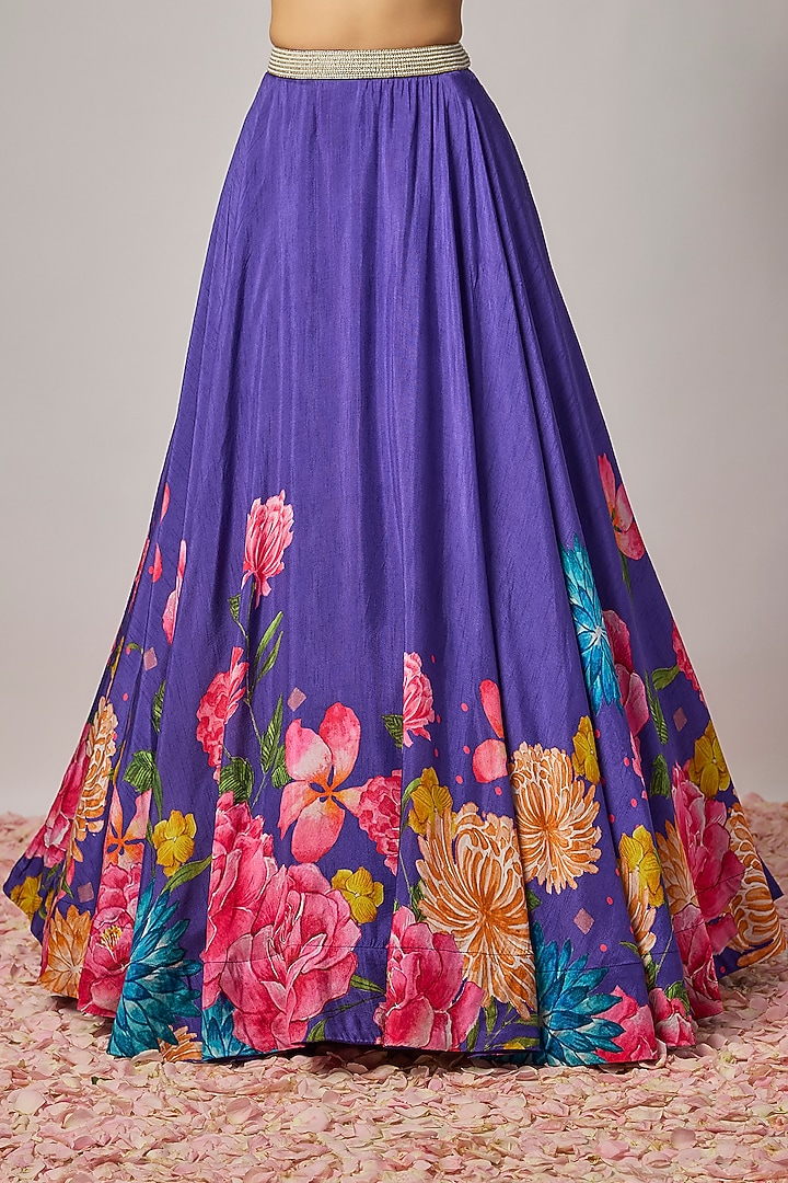 Deep Purple Dola Silk Floral Printed Wedding Lehenga Set by Krishna Padia at Pernia's Pop Up Shop