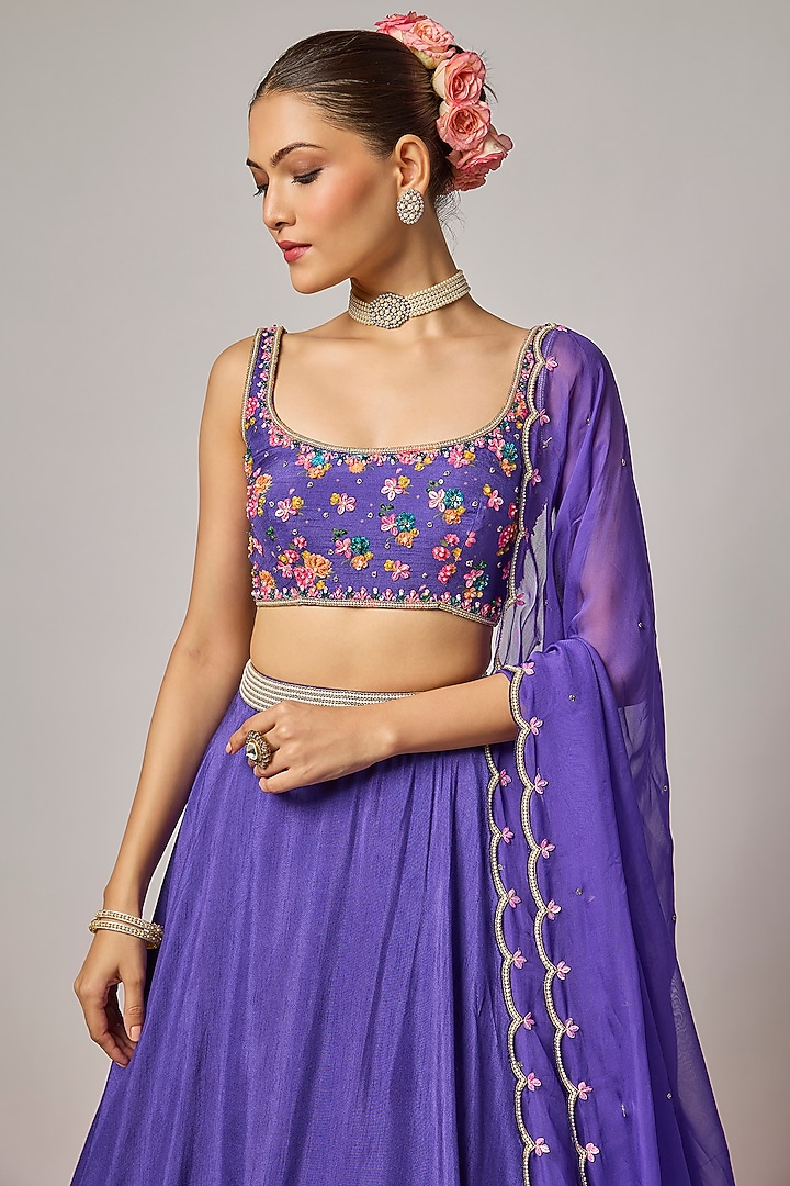 Deep Purple Dola Silk Floral Printed Wedding Lehenga Set by Krishna Padia at Pernia's Pop Up Shop