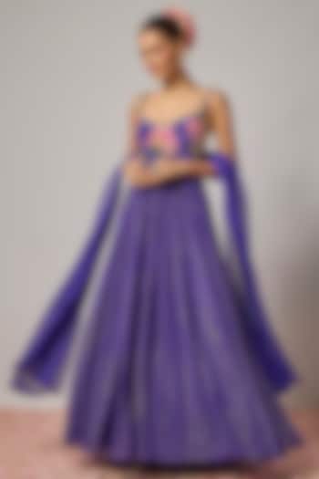 Deep Purple Lurex Georgette Sequin Hand Embroidered Wedding Anarkali Set by Krishna Padia at Pernia's Pop Up Shop