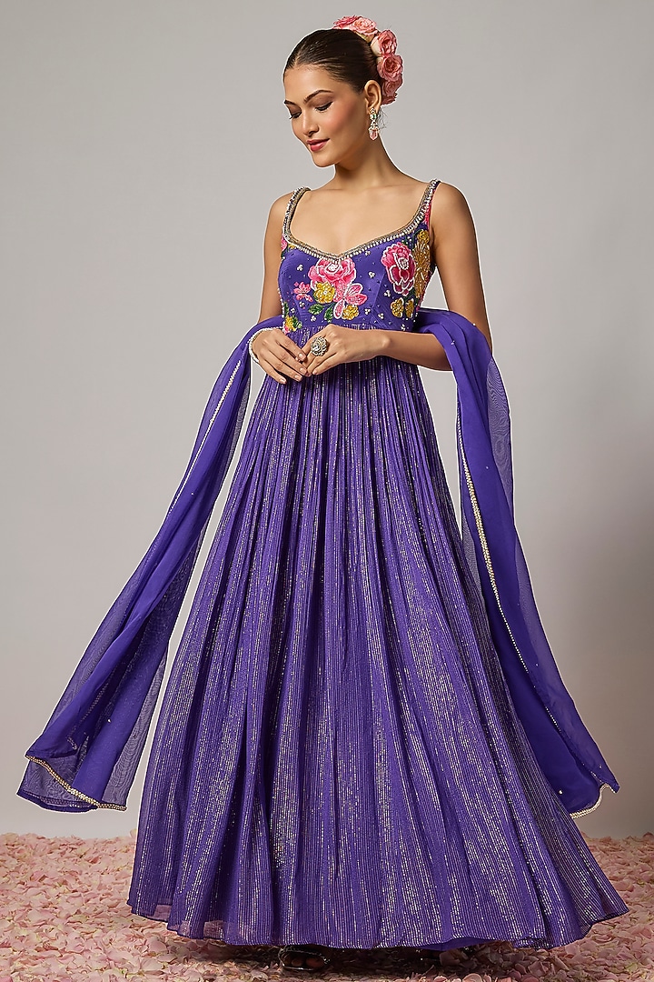 Deep Purple Lurex Georgette Sequin Hand Embroidered Wedding Anarkali Set by Krishna Padia at Pernia's Pop Up Shop