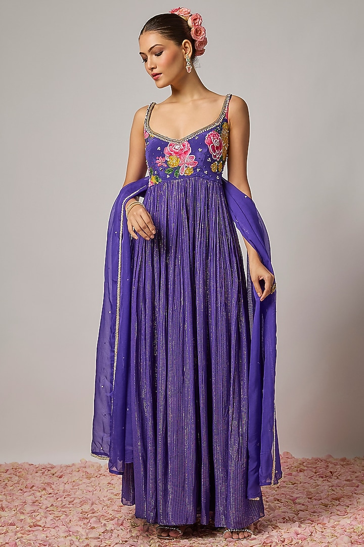 Deep Purple Lurex Georgette Sequin Hand Embroidered Wedding Anarkali Set by Krishna Padia at Pernia's Pop Up Shop