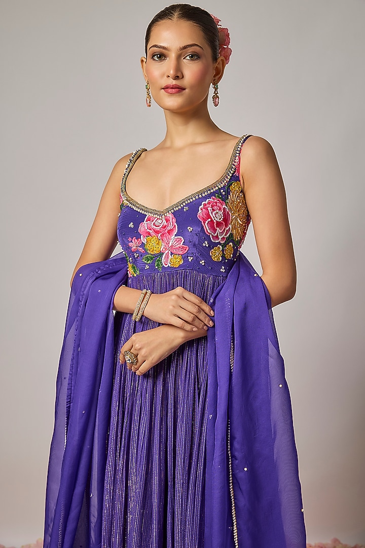 Deep Purple Lurex Georgette Sequin Hand Embroidered Wedding Anarkali Set by Krishna Padia at Pernia's Pop Up Shop