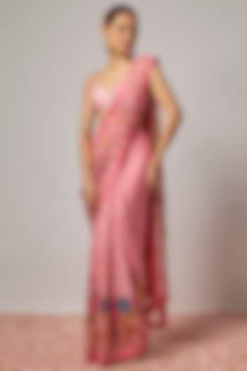 Blush Pink Organza Floral Embroidered Pre-Draped Wedding Saree Set by Krishna Padia at Pernia's Pop Up Shop