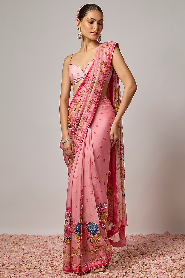 Blush Pink Organza Floral Embroidered Pre-Draped Wedding Saree Set by Krishna Padia at Pernia's Pop Up Shop