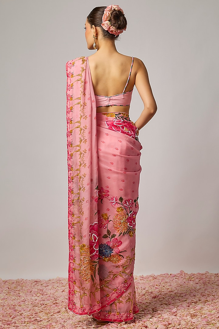 Blush Pink Organza Floral Embroidered Pre-Draped Wedding Saree Set by Krishna Padia at Pernia's Pop Up Shop