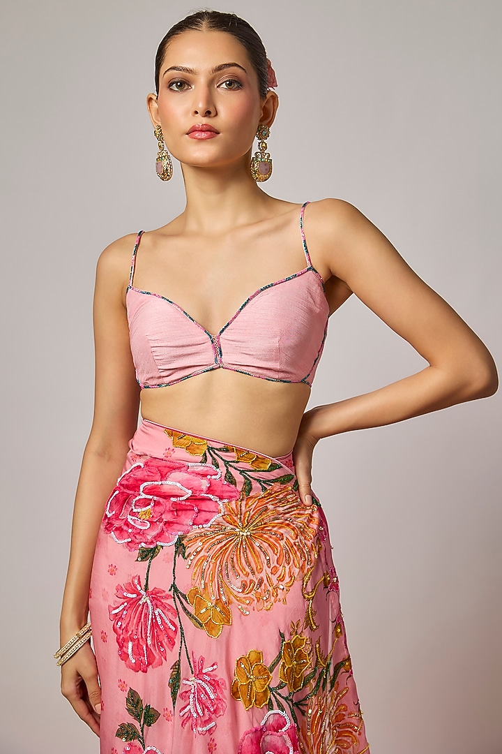 Blush Pink Organza Floral Embroidered Pre-Draped Wedding Saree Set by Krishna Padia at Pernia's Pop Up Shop