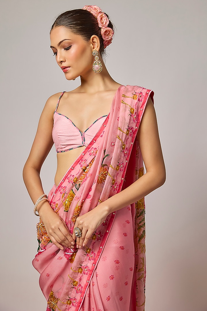 Blush Pink Organza Floral Embroidered Pre-Draped Wedding Saree Set by Krishna Padia at Pernia's Pop Up Shop