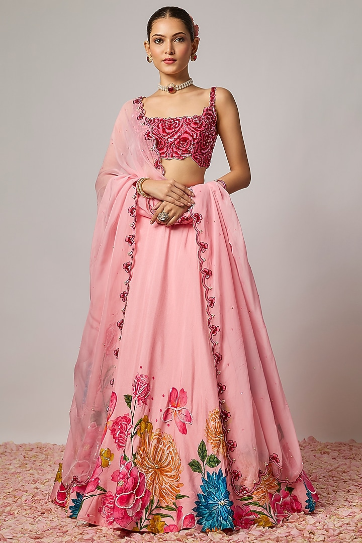 Blush Pink Dola Silk 3D Floral Embroidered Wedding Lehenga Set by Krishna Padia at Pernia's Pop Up Shop