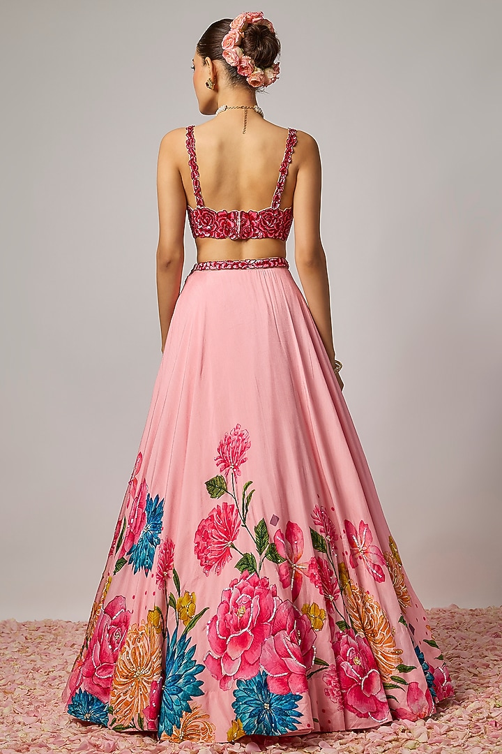 Blush Pink Dola Silk 3D Floral Embroidered Wedding Lehenga Set by Krishna Padia at Pernia's Pop Up Shop
