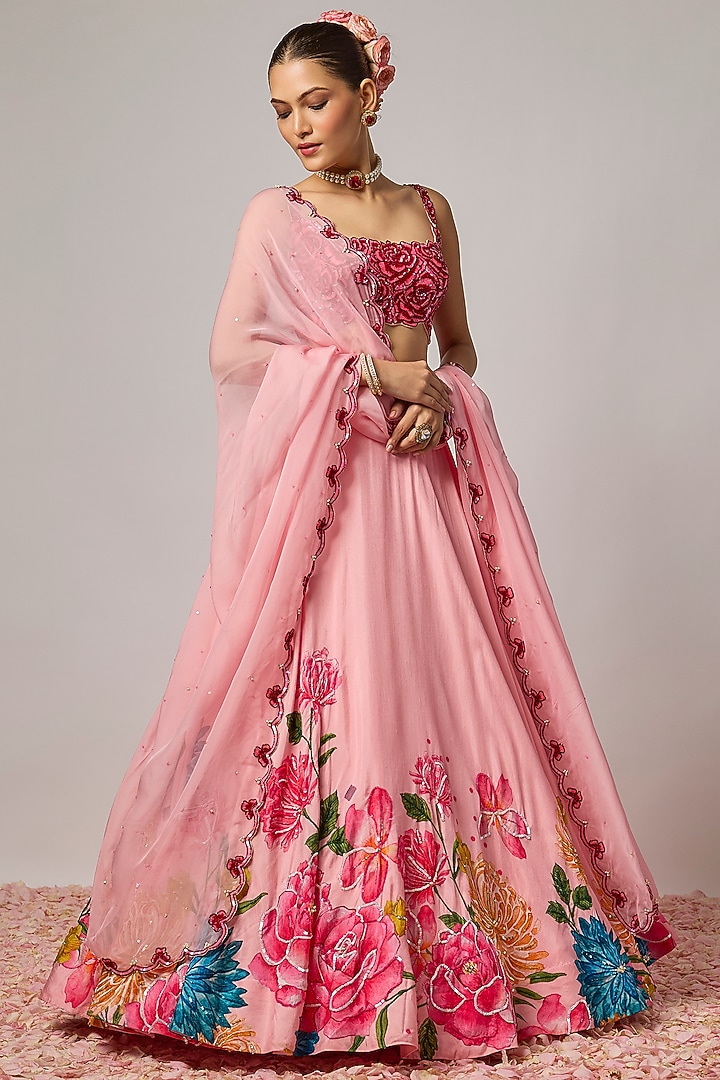 Blush Pink Dola Silk 3D Floral Embroidered Wedding Lehenga Set by Krishna Padia at Pernia's Pop Up Shop