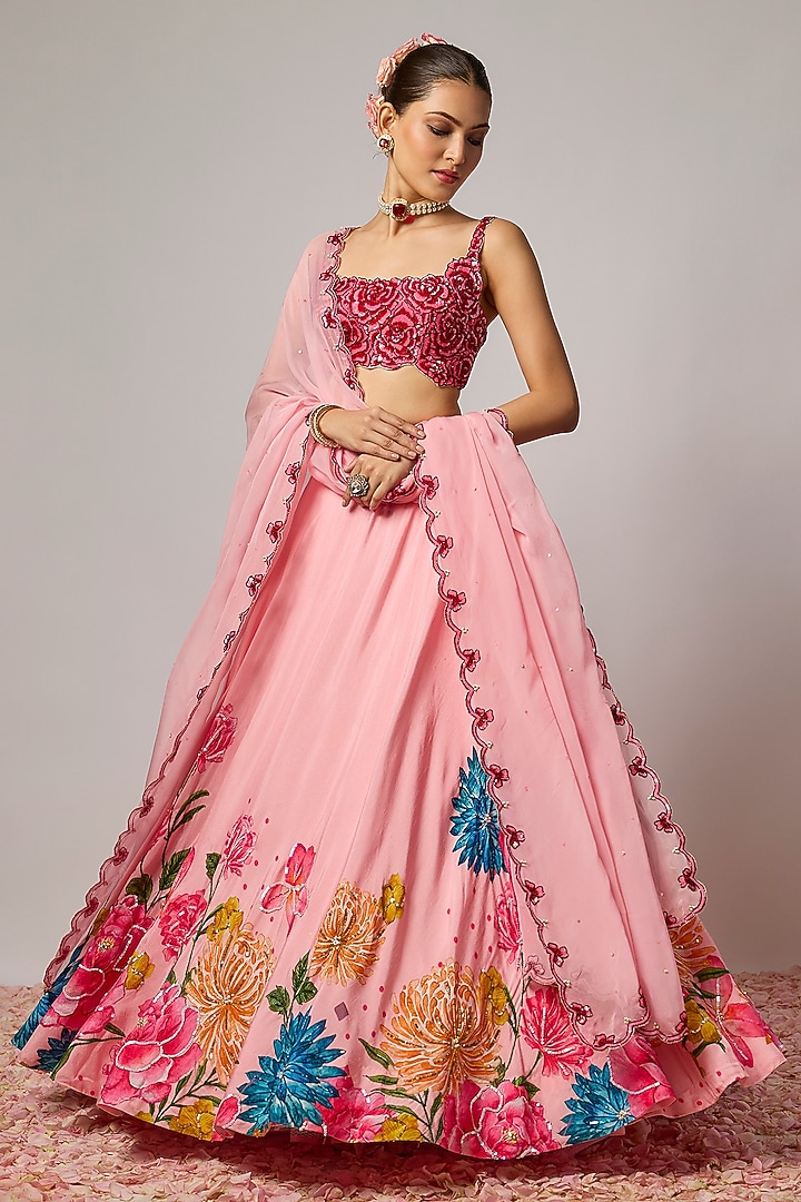 Blush Pink Dola Silk 3D Floral Embroidered Wedding Lehenga Set by Krishna Padia at Pernia's Pop Up Shop