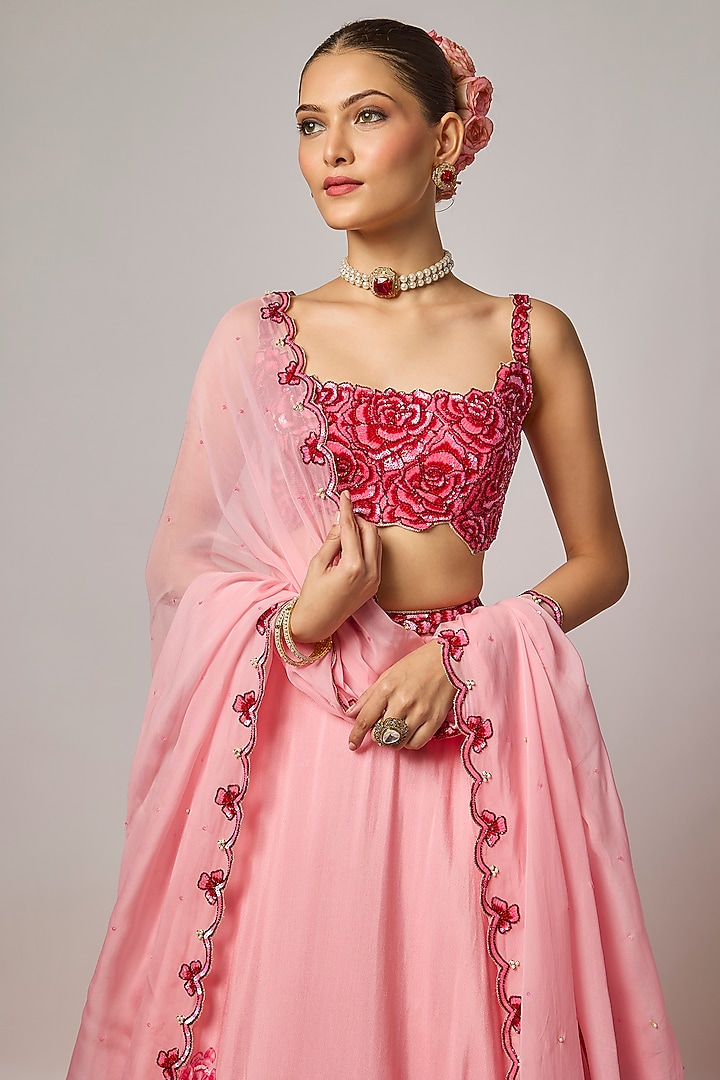 Blush Pink Dola Silk 3D Floral Embroidered Wedding Lehenga Set by Krishna Padia at Pernia's Pop Up Shop