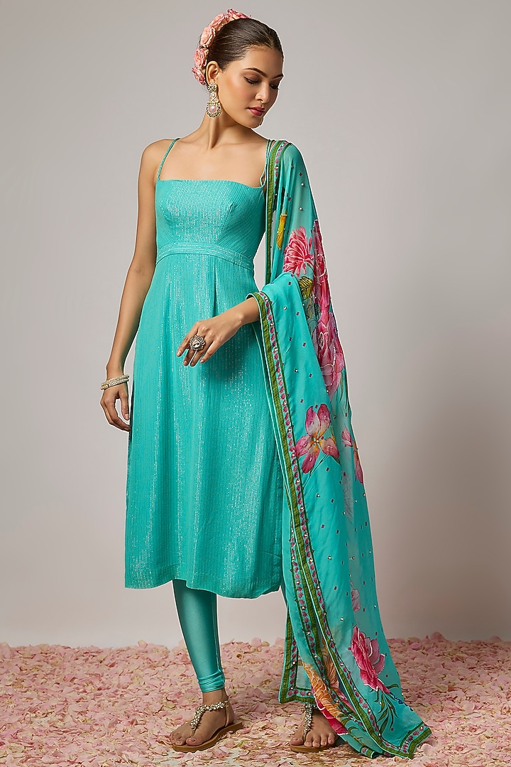 Aqua Blue Lurex Georgette Hand Embroidered Kurta Set by Krishna Padia at Pernia's Pop Up Shop