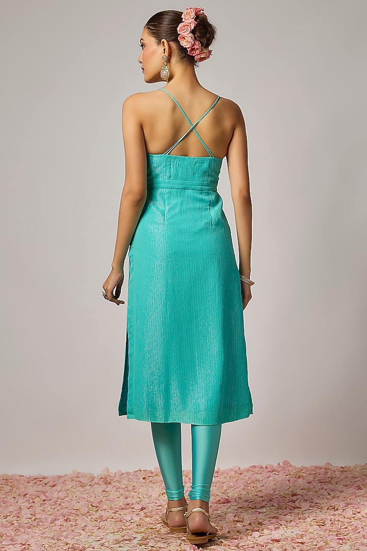 Aqua Blue Lurex Georgette Hand Embroidered Kurta Set by Krishna Padia at Pernia's Pop Up Shop