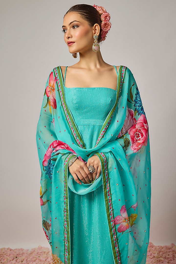 Aqua Blue Lurex Georgette Hand Embroidered Kurta Set by Krishna Padia at Pernia's Pop Up Shop