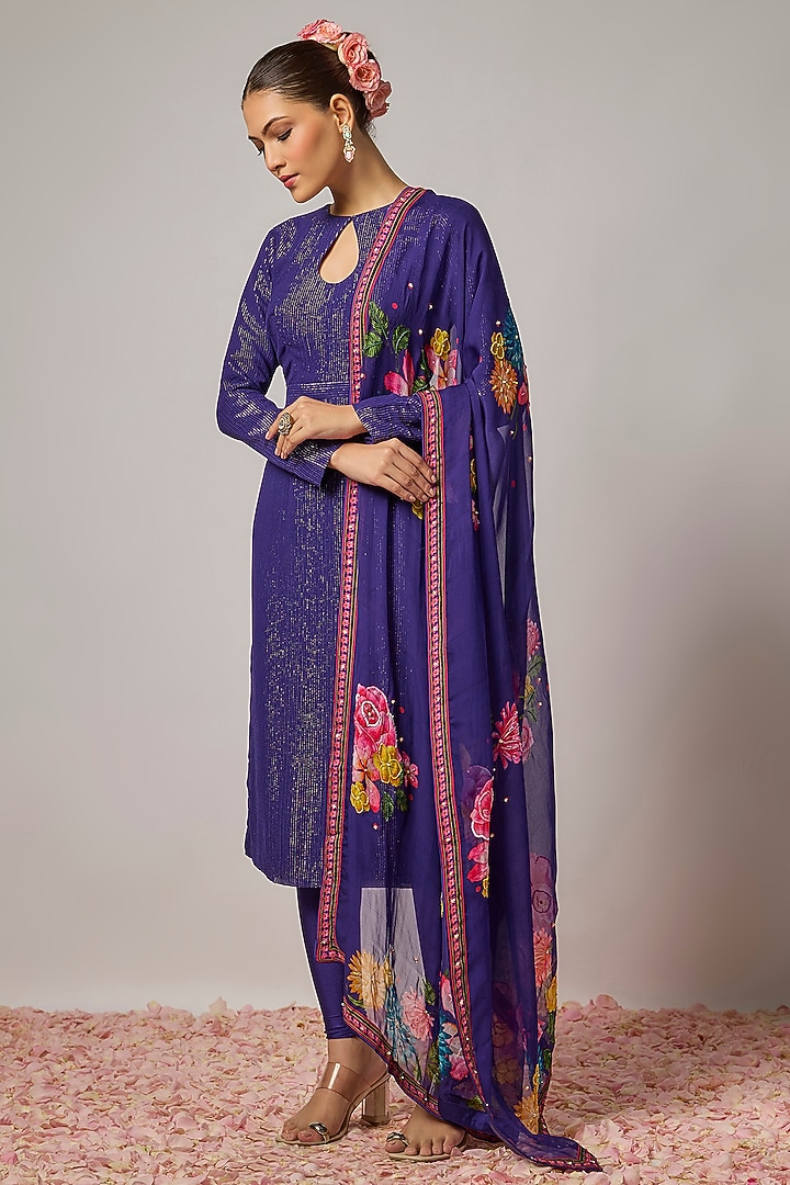 Deep Purple Lurex Georgette Hand Embroidered Kurta Set by Krishna Padia at Pernia's Pop Up Shop