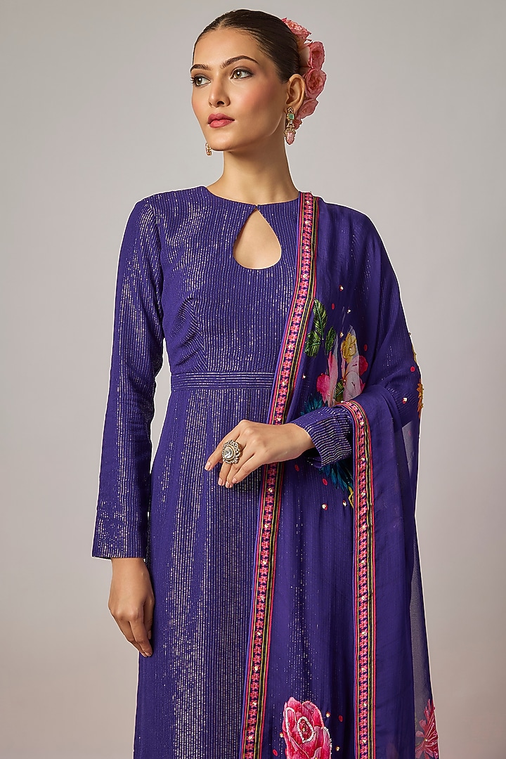 Deep Purple Lurex Georgette Hand Embroidered Kurta Set by Krishna Padia at Pernia's Pop Up Shop