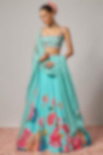 Aqua Blue Dola Silk Floral Printed Wedding Lehenga Set by Krishna Padia at Pernia's Pop Up Shop
