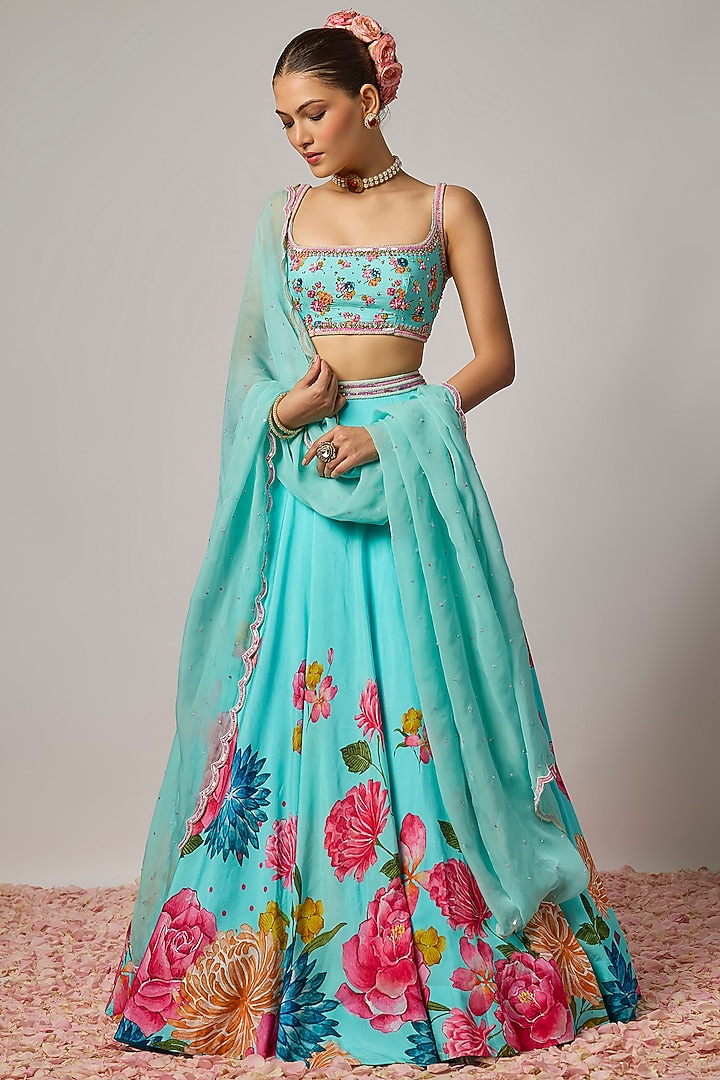 Aqua Blue Dola Silk Floral Printed Wedding Lehenga Set by Krishna Padia at Pernia's Pop Up Shop