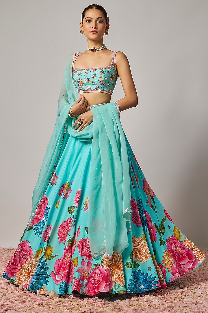 Aqua Blue Dola Silk Floral Printed Wedding Lehenga Set by Krishna Padia at Pernia's Pop Up Shop