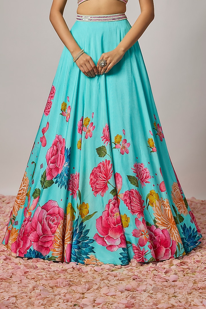 Aqua Blue Dola Silk Floral Printed Wedding Lehenga Set by Krishna Padia at Pernia's Pop Up Shop