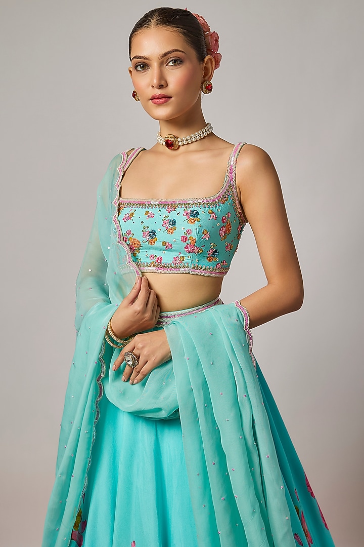 Aqua Blue Dola Silk Floral Printed Wedding Lehenga Set by Krishna Padia at Pernia's Pop Up Shop