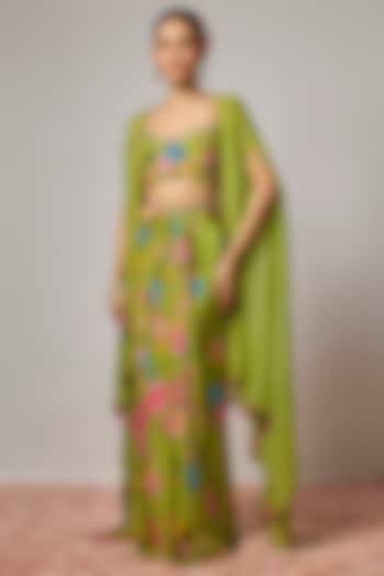 Mehendi Green Pure Crepe Floral Printed Draped Skirt Set by Krishna Padia at Pernia's Pop Up Shop