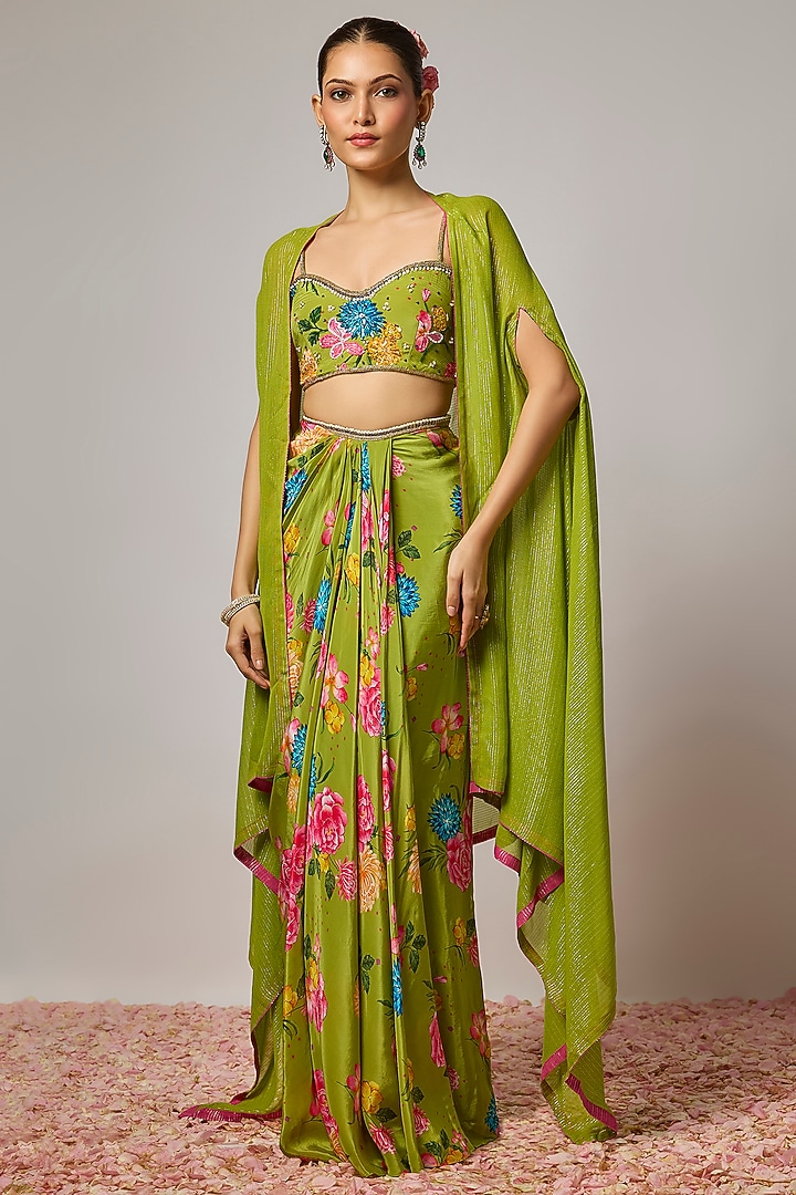 Mehendi Green Pure Crepe Floral Printed Draped Skirt Set by Krishna Padia at Pernia's Pop Up Shop