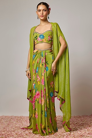 Mehendi Green Pure Crepe Floral Printed Draped Skirt Set by Krishna Padia