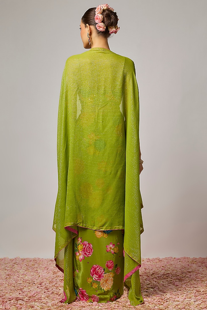 Mehendi Green Pure Crepe Floral Printed Draped Skirt Set by Krishna Padia at Pernia's Pop Up Shop